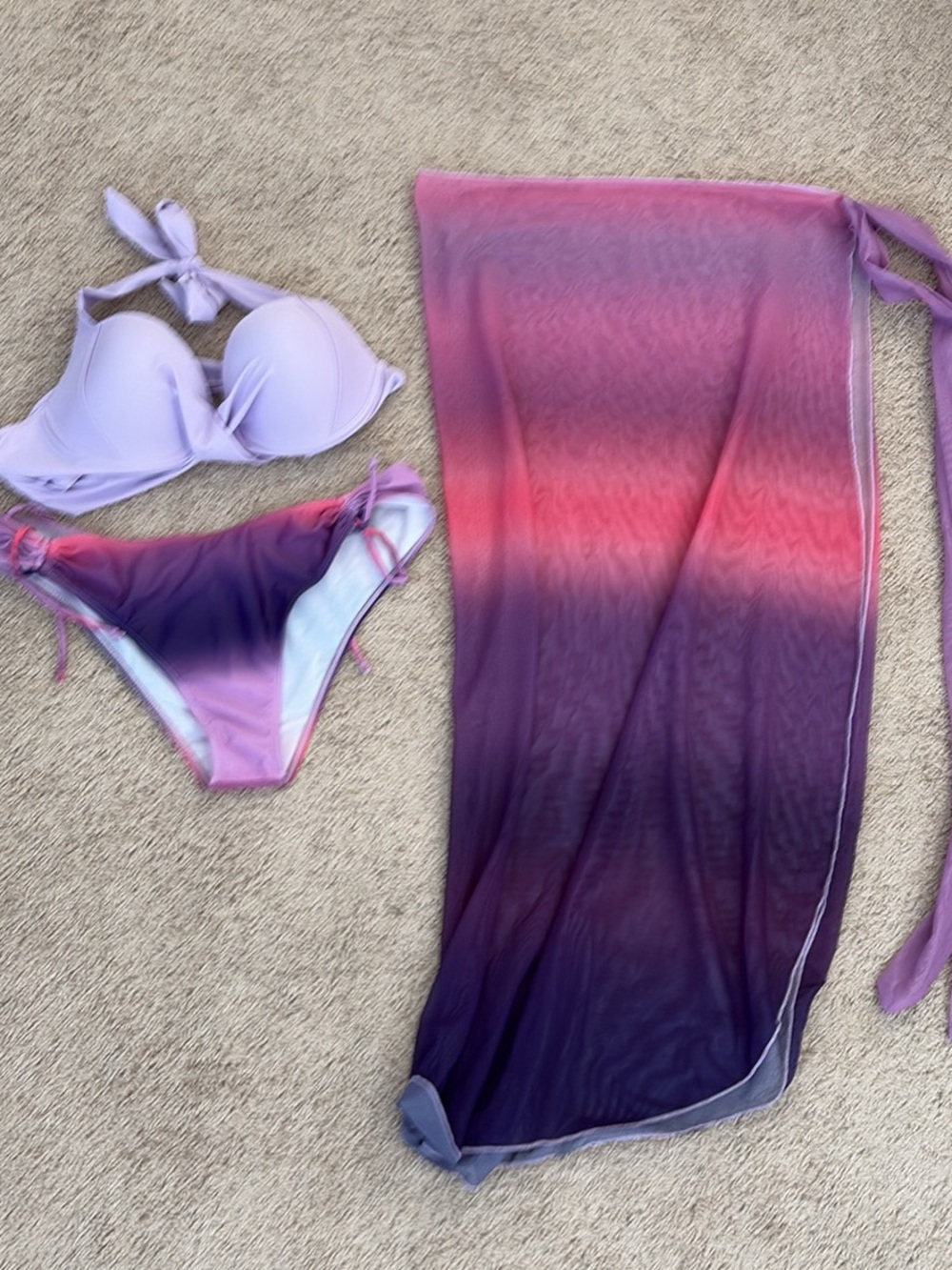 SHEIN Pink Lavender Ombre Bikini Set with Sarong